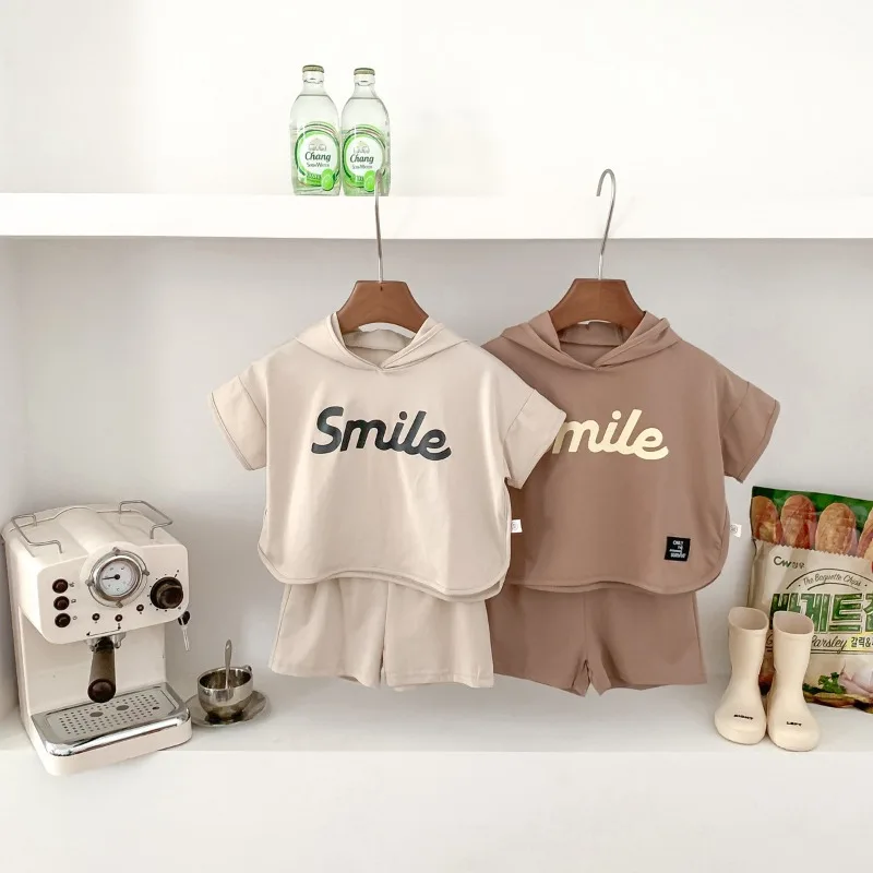 

2pcs Baby Cotton Loose Hoodies Sets Summer Boy Letter Print Hooded Short Sleeve Tops+Shorts Casual Set Children Outfits Clothes