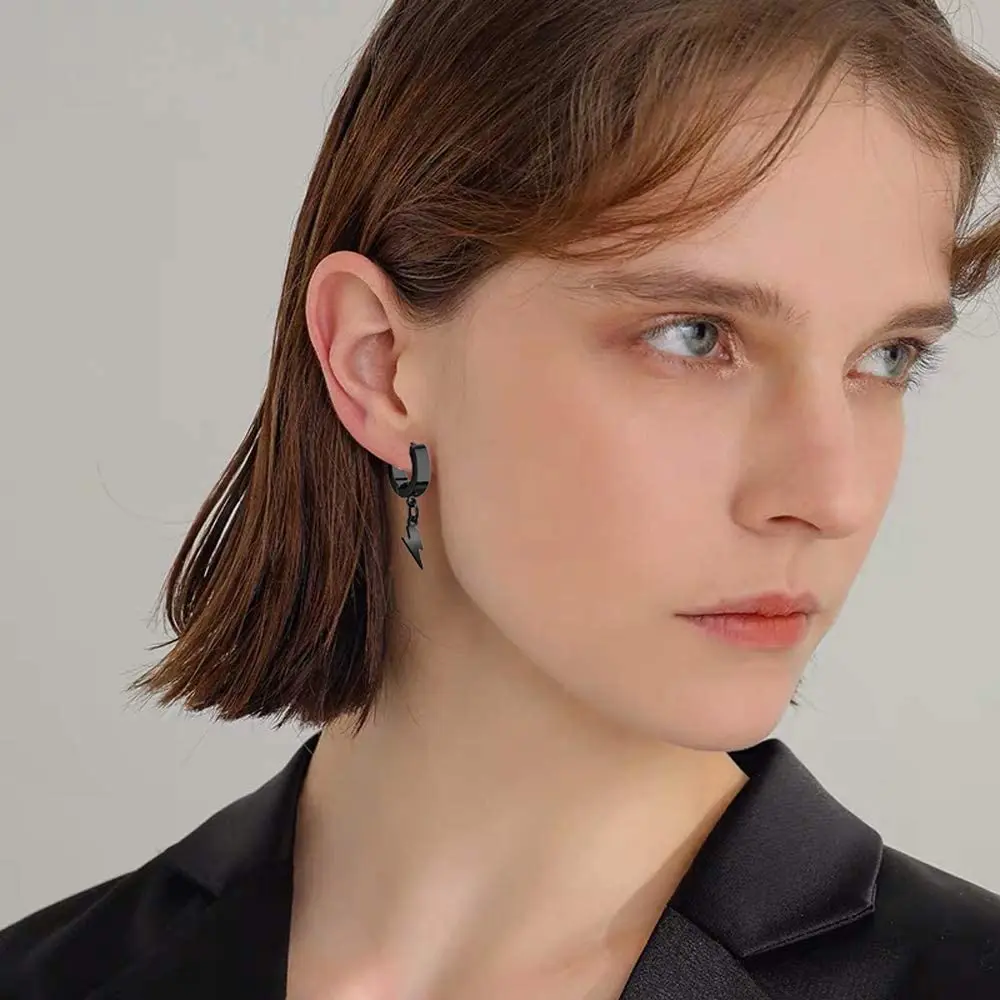 WKOUD Unisex Punk Hip Hop Stainless Steel Lock Thunder Lightning Black Bolt Dangle Huggie Hoop Earrings For Women Men Boy Teens - Image 5