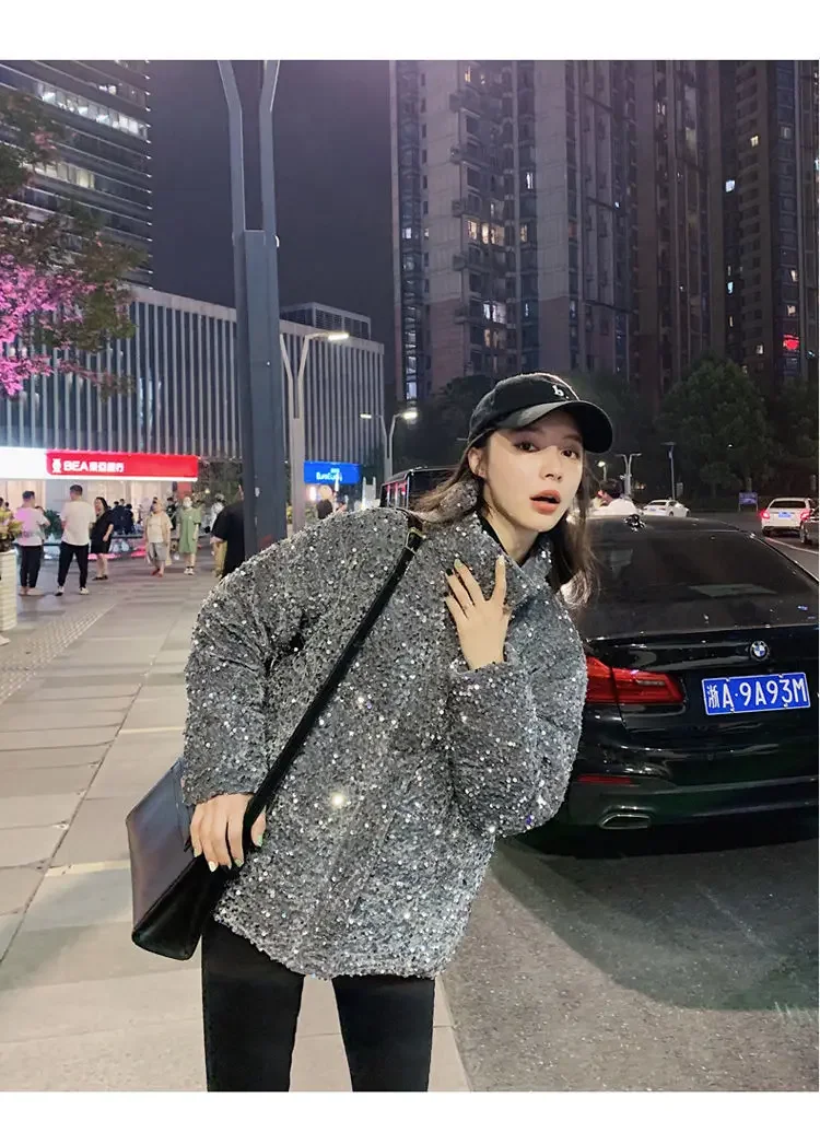 Sequined White Duck Down Short Down Jacket Women Thicken Parkas 2025 New Fashion Down Jacket Women Korean Loose Parka Coat