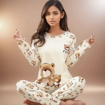 Ladies Pajamas Long Sleeved Cartoon Bear Student Casual Wear Set Easy to Wash Pullover Top and Pants Two-Piece Set Sleepwear 1