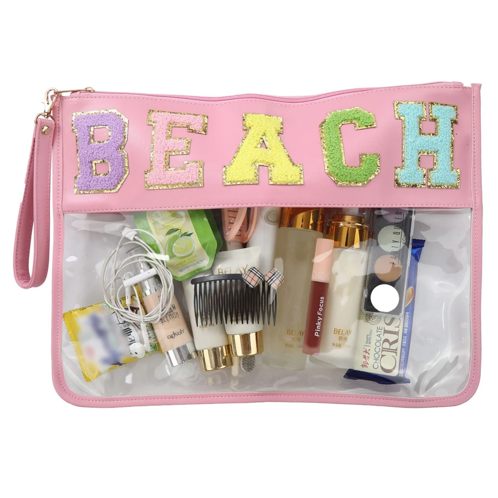 

Clear PVC Cosmetic Bags Women Letter Patches Make Up Pouches Ladies Sewn on Patches Transparent Travel Snacks Bag Organizer