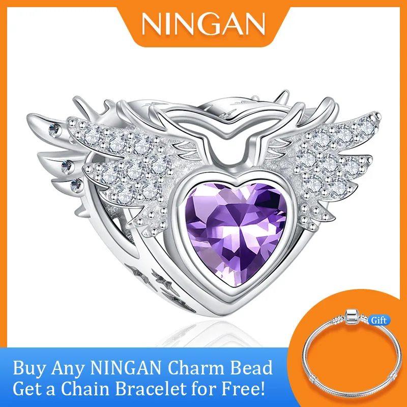 

NINGAN Original Angel Wings February Birthstone Beads Charms Purple Heart Zircon 925 Sterling Silver Charm for Women Bracelet