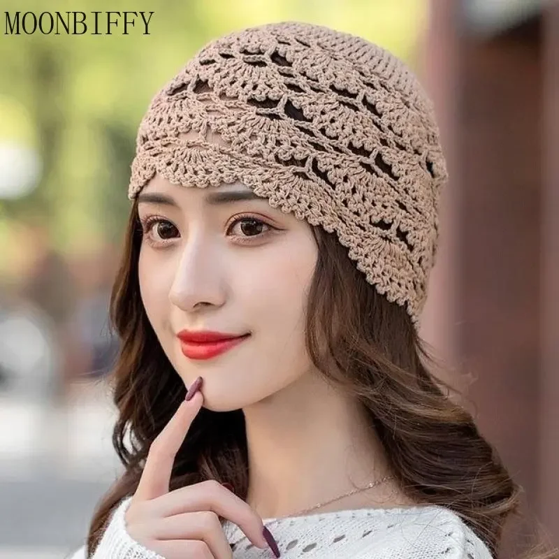 

Spring Summer Thin Handmade Female Crochet Hat Hook Flower Knitted Hollow Breathable Ladies Cap Fashion Women Beanies Bonnets