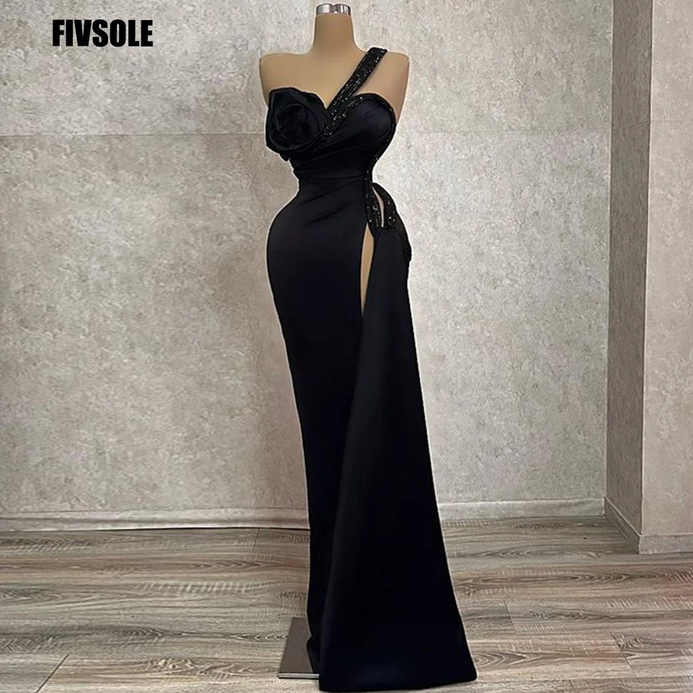 

Fivsole Black Mermaid Satin Prom Dresses 2022 Spaghetti Straps Sweetheart Pleat Side Slit Long Evening Gowns Robes De Soirée