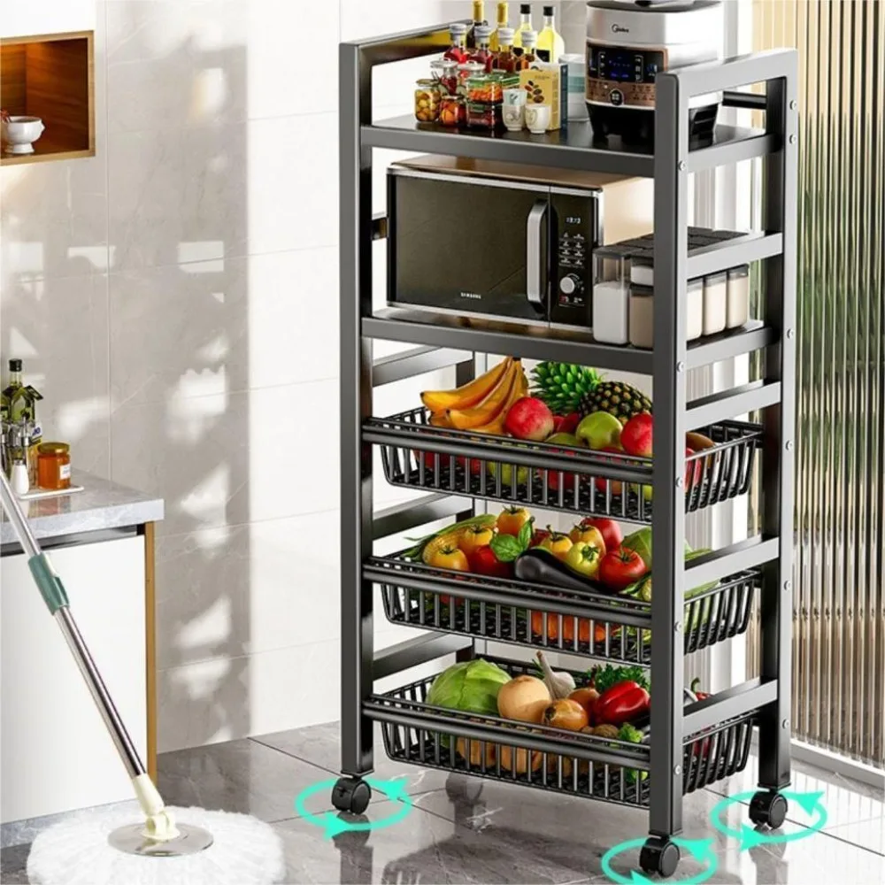 Kitchen Storage Utility Cart Floor Standing Multi-layer Vegetable Storage Rack Snack Rolling Cart Detachable Basket