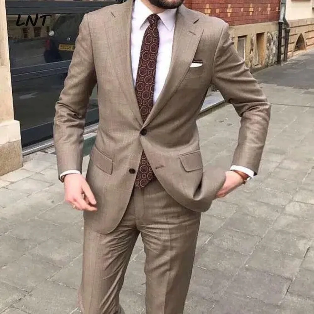 Slim Khaki Men Suits Two Pieces Summer Fashion Notch Lapel Single Breasted Outfits Chic Business Causal Wedding Set formal suit