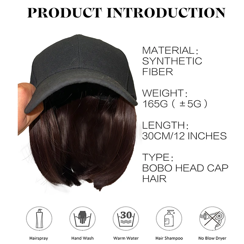 Synthetic Bob Hat Wig Women's Black Cap Sun Hat Short Straight Hair Extension Daily Wear Heat-resistant Baseball Cap Adjustable
