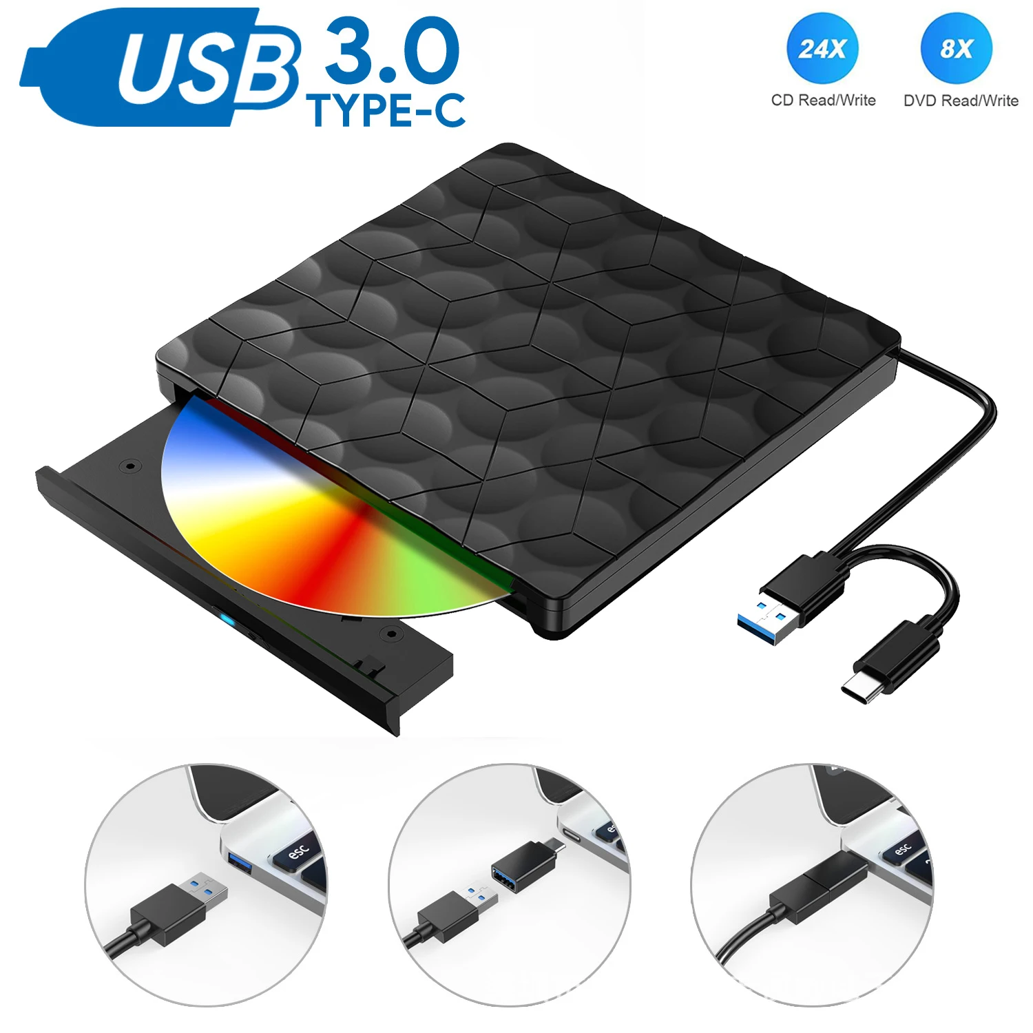 Lecteur/graveur DVD RW et CD externe ultra mince avec USB 3.0, disque  optique idéal pour PC portable, - AliExpress