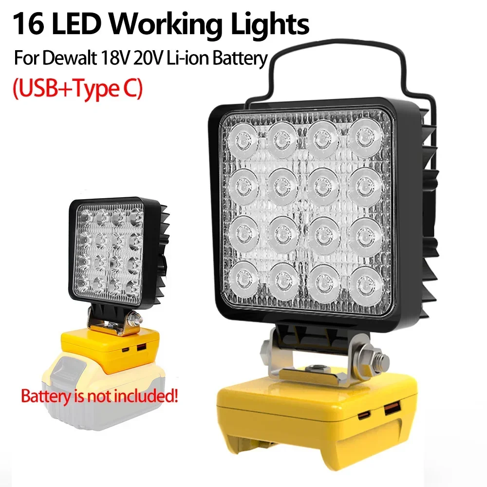 LED Flashlight, LED Work Light, Work Light 16 LED Working Lights Flashlight Torch Spotlights Type C USB Power Bank For DeWalt 18V 20V Lithium Battery High Low Beam Control