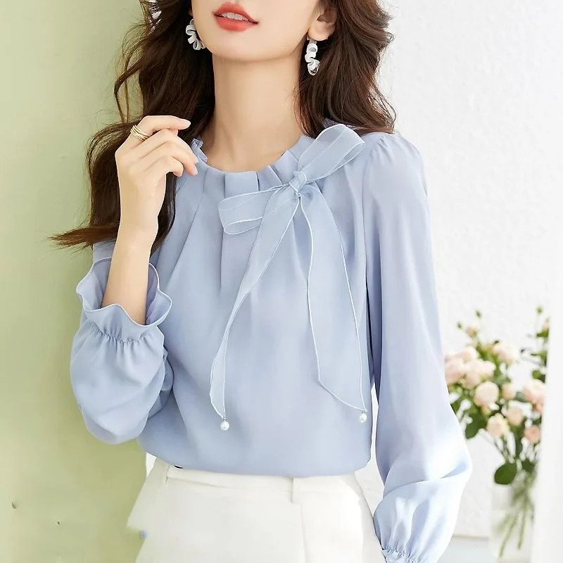 

Spring Autumn Women's Solid Pullover Round Neck Drawstring Bow Shirring Petal Long Sleeve Chiffon T-shirt Casual Elegant Tops