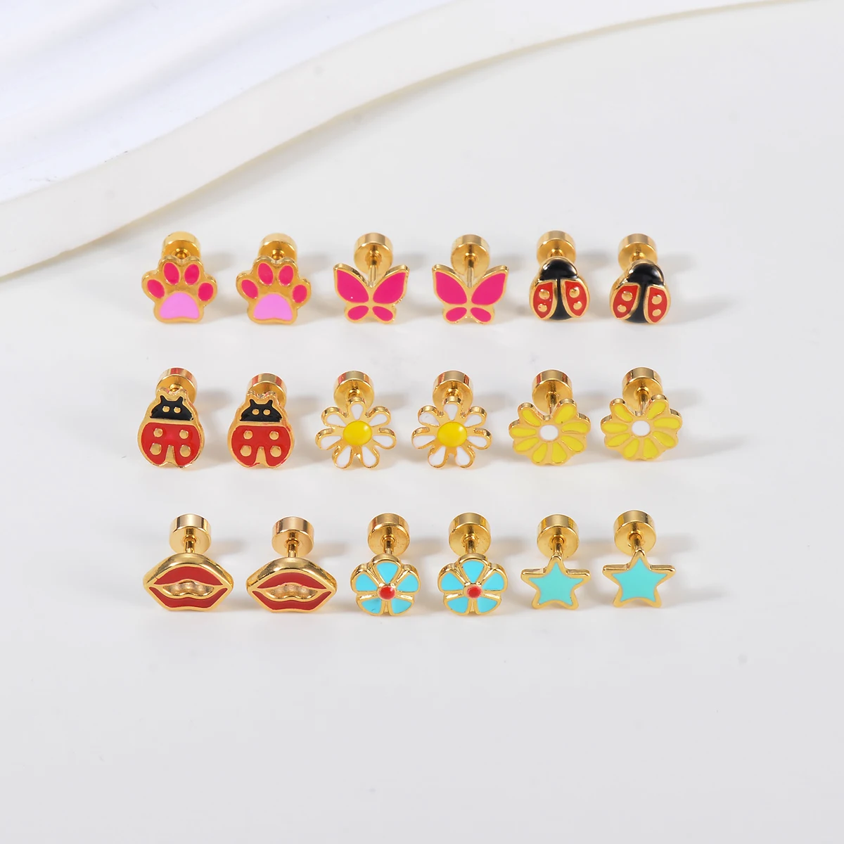 1Pair Stainless Steel Cute Ear Post Stud Earrings Enamel Daisy Ladybug Butterfly Paw Red Lip Star Earring Girl Jewelry 4