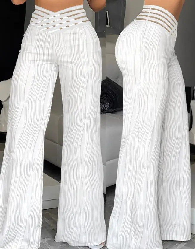 2024 Women's New Summer Pants Folding Waist Marble Long Texture Solid Color Open Front Pants