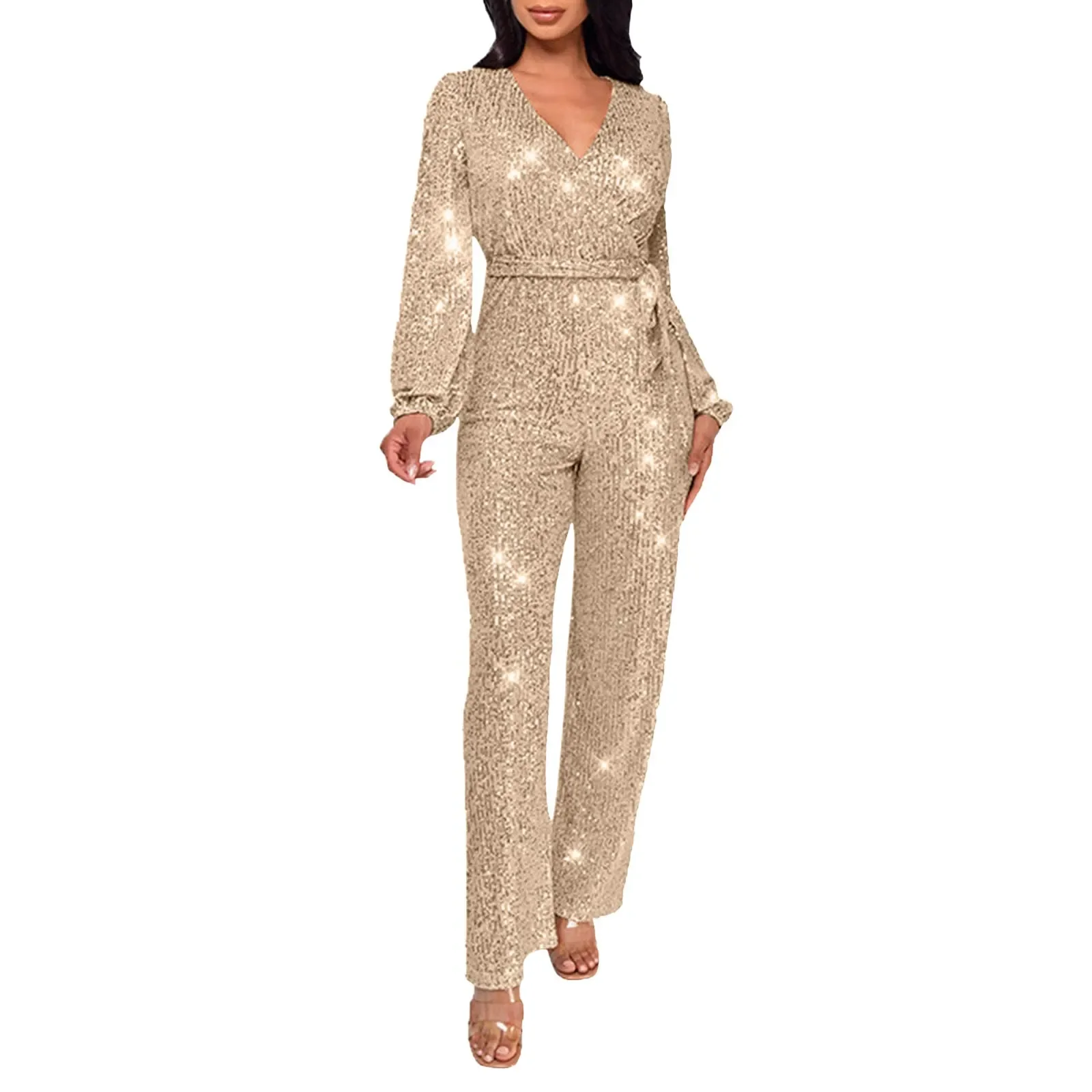 

Lantern Sleeve Sequin Jumpsuit with Belt Women High Waist V Neck Fashion Casual Pants Overall Solid Color Spring Outwear