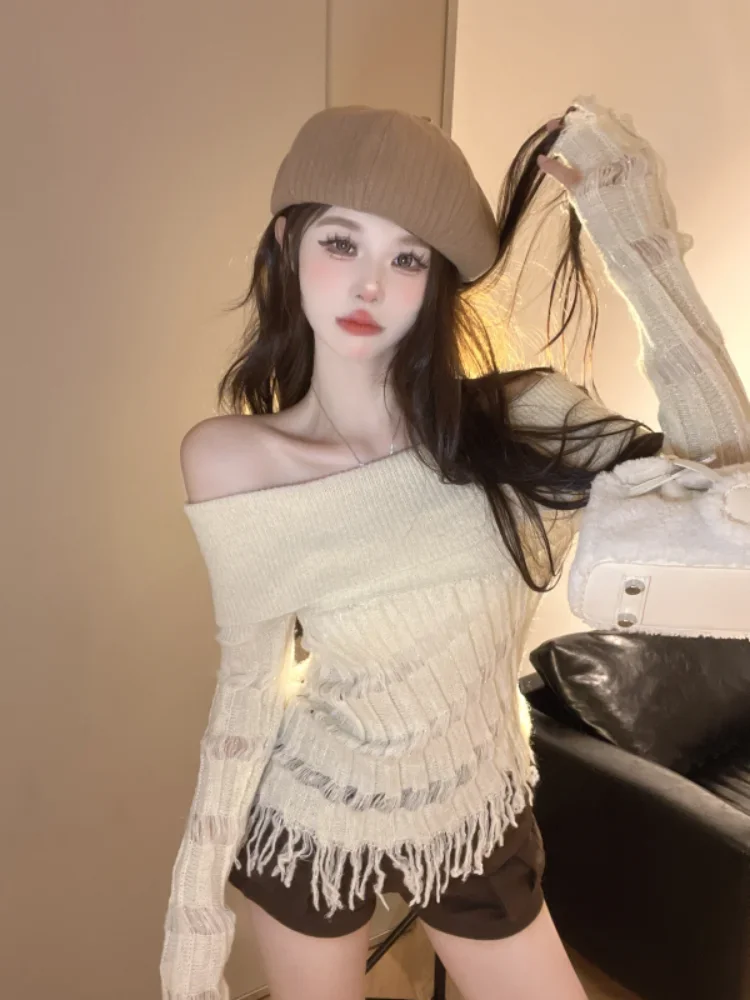

Vintage Sweater Women Off Shoulder Knit Y2k Reto Pullovers Streewear Korean Style Sweater Female Autumn Winter 2000s