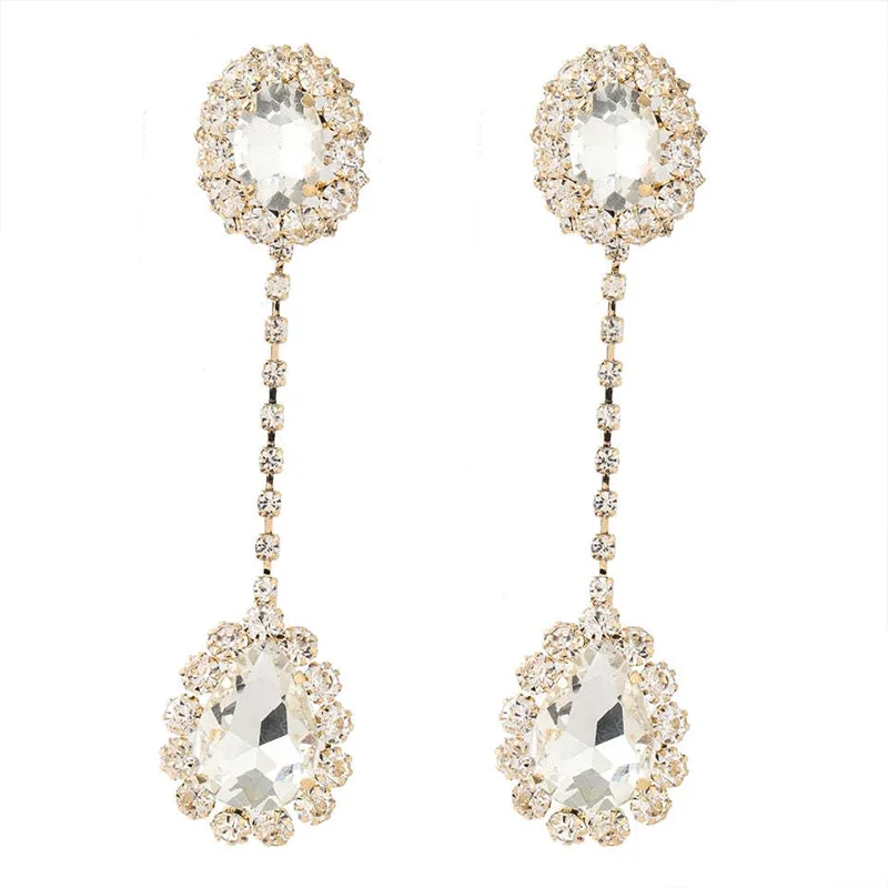 Fashion Shiny Rhinestone Long Oval Earrings For Women Luxurious Water Drop Pendant Earrings Claw Chain Jewelry Party