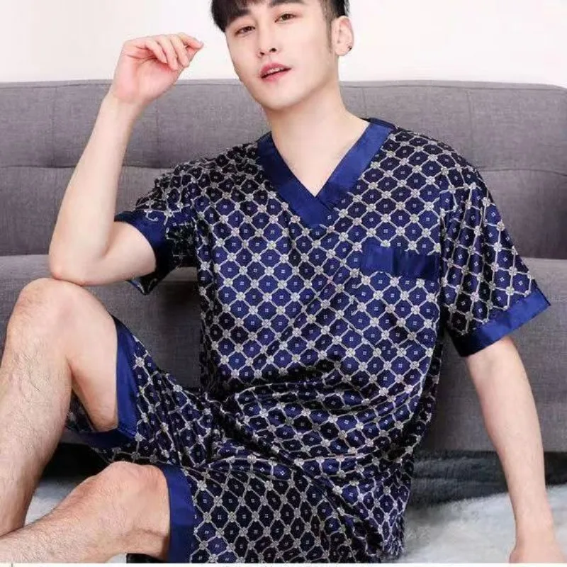 Silk Sleepwear Men Summer Short Sleeve Shorts Pajamas Sets Luxury Brand Nightwear Homewear Loungewear Loose Pajamas Korean
