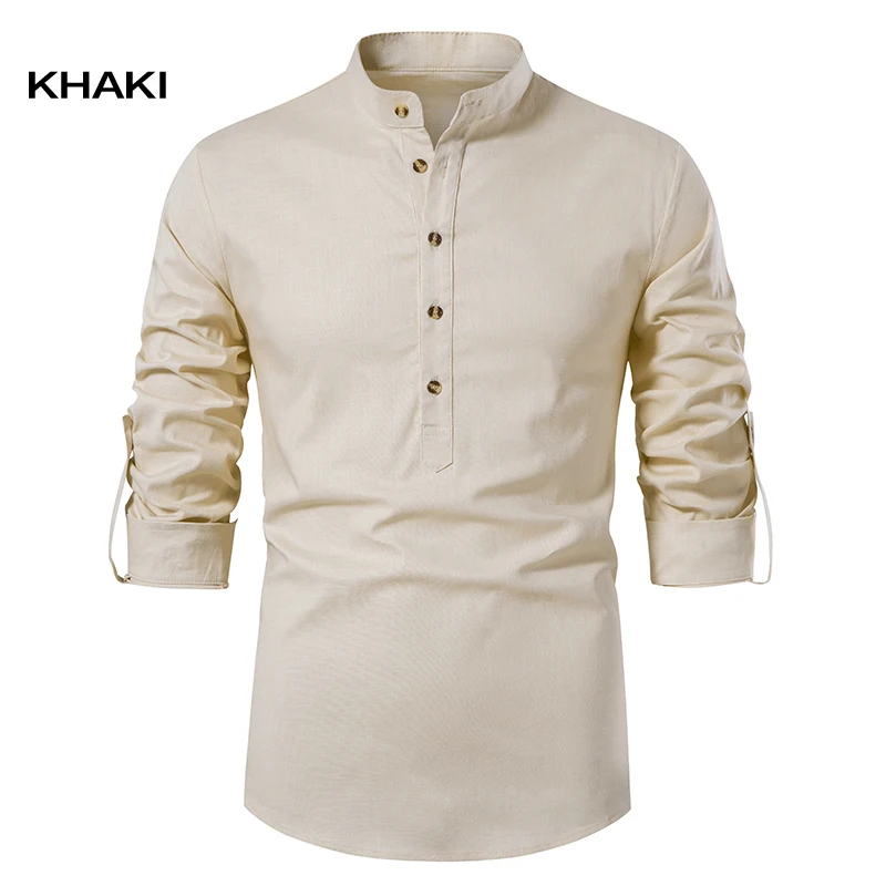 short sleeve button up shirt 2022 New Mens Casual Cotton Linen Shirt Fashion Solid Color Loose Shirts Men Spring Stand Long Sleeve Button Breathable Blouse mens short sleeved shirts Shirts