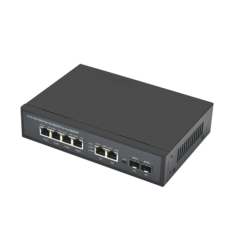 48V Gigabit Ethernet Switch 10/100/1000M 4 PoE+2Port Uplink+2 SFP Ethernet PoE Switch for IP Camera
