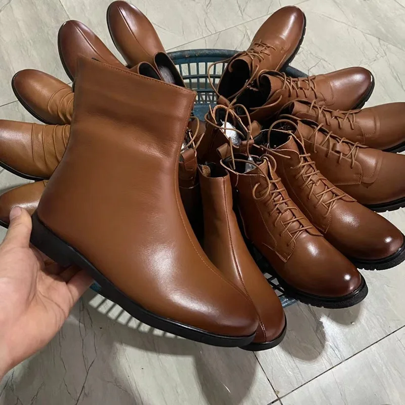 

Cow Leather Shoes Comfortable Round Head Flat Boot Middle-Aged Women Boots Casual Black Brown Genuine Leather Short Boots