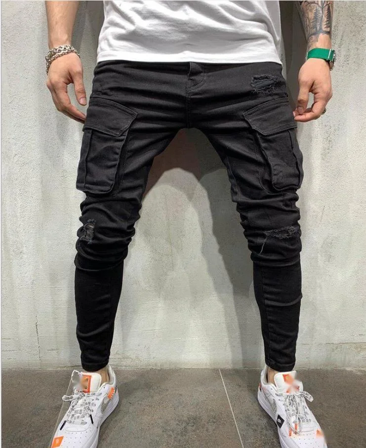 Pantalones vaqueros de trabajo de mezclilla de alta calidad para hombre, con múltiples bolsillos y agujeros, elásticos y pernera estrecha._voghion.com