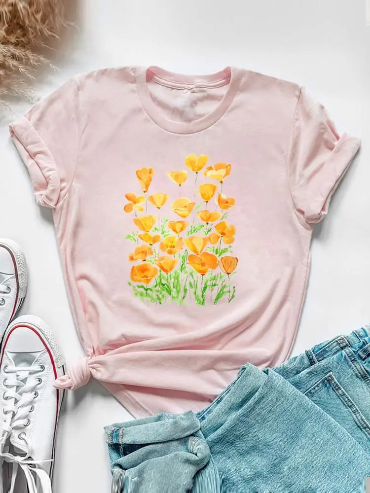 Sweet Watercolor Flower 90s Clothing Short Sleeve Tee Top Summer Graphic T Shirt Women Fashion Casual Female Print T-shirt