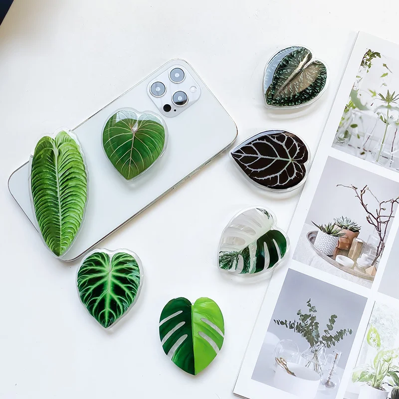 cell phone holder for desk Simulation Green Plants Leaves Korea Smartphone Holder Griptok Support for IPhone 13 Pro Max 12 Grip Tok Handband Finger Stand mobile phone holder