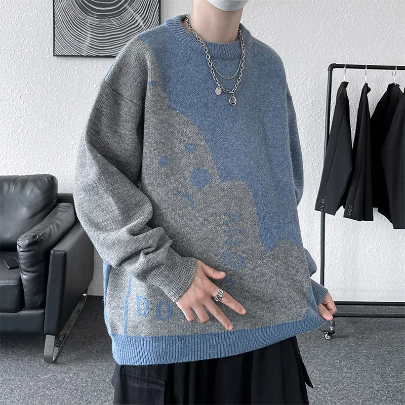 Round Necked Knitted Sweater for Men Loose and Versatile for Autumn and Winter Jacquard Fashion Loose Long Sleeved Casual Tops