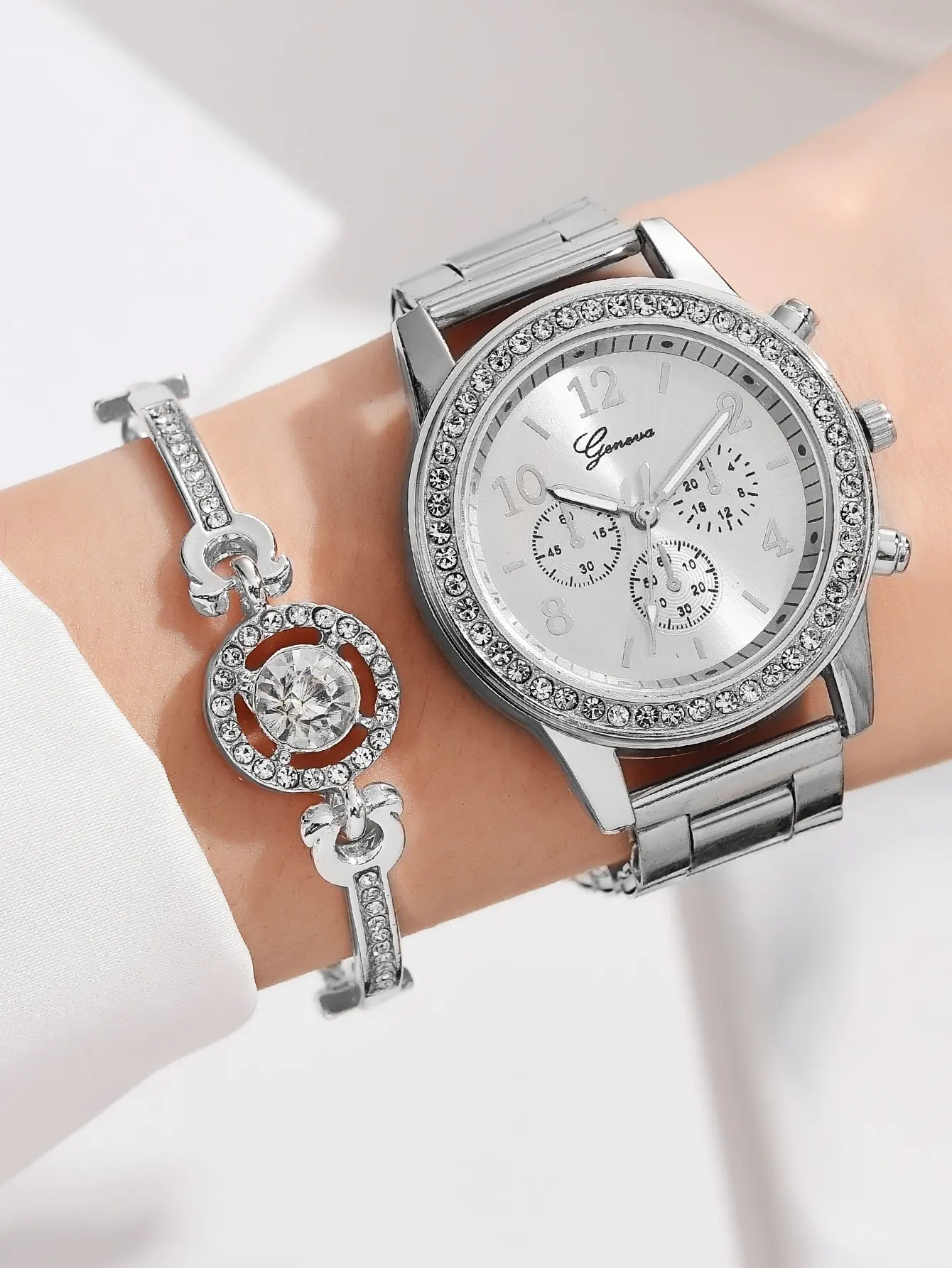 5 PCS Set Silver Luxury Watch Women Ring Necklace Earrings Rhinestone Fashion Wristwatch Female Casual Watches Bracelet Set 2