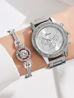 5 PCS Set Silver Luxury Watch Women Ring Necklace Earrings Rhinestone Fashion Wristwatch Female Casual Watches Bracelet Set 2