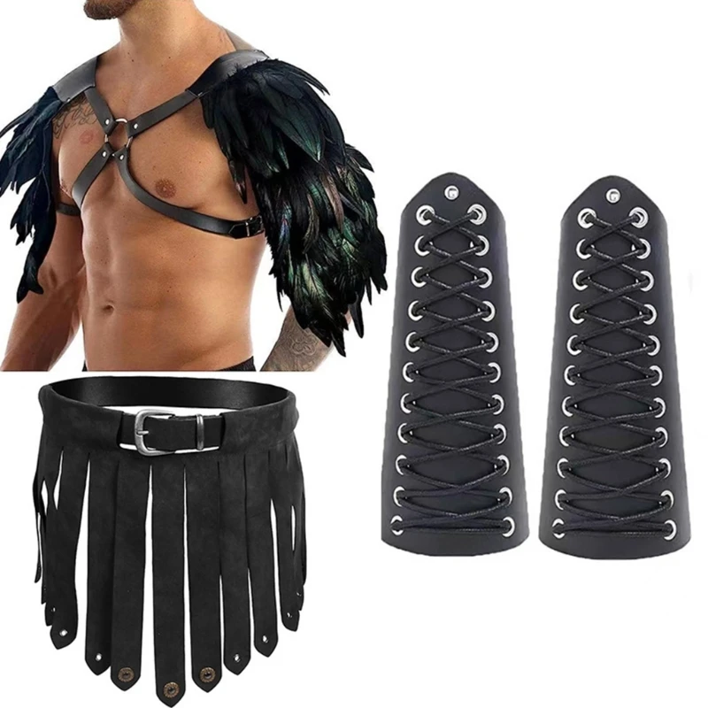 

Medieval Knight Feather Shoulder Armors with Leather Arm Bracers Thigh Armors Medieval Knight Leather Body Chest drop shipping