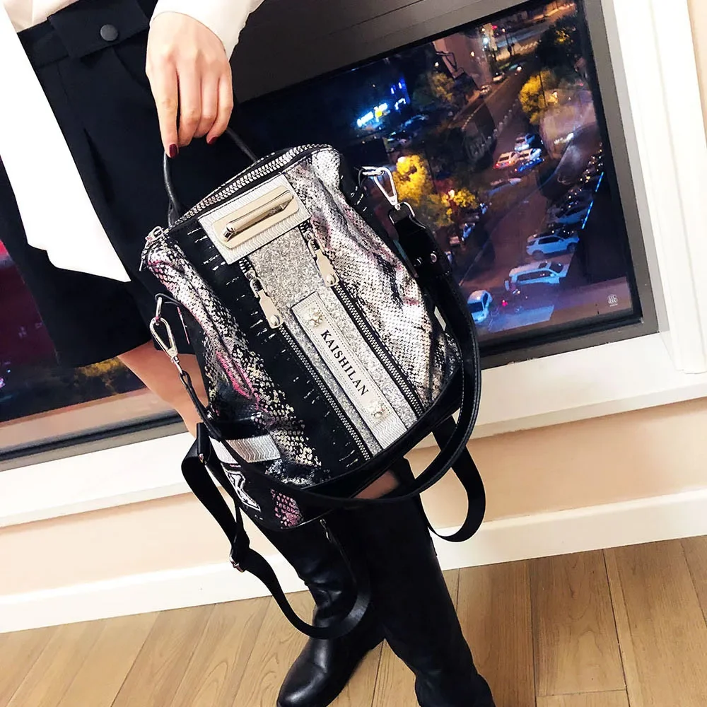 Female Quality Vegan Leather Patchwork Big Capacity Backpack Bag Women Kaishilan Serpentine Travel Casual Big Size Daily Daypack 2