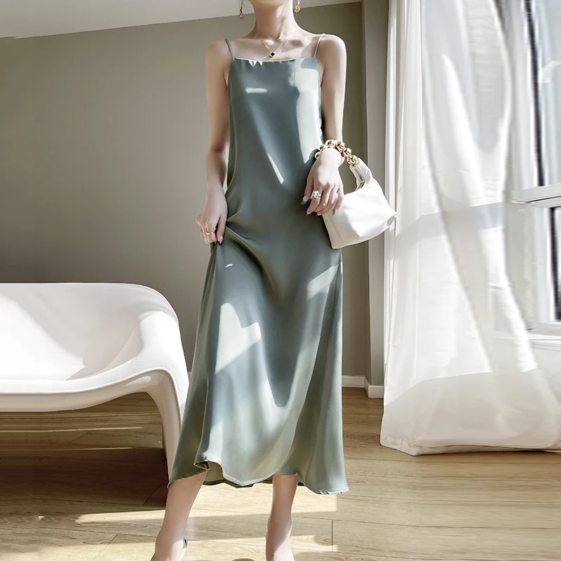2025 New Model One Collar French High-end Silk Camisole Dress.  Solid Color Base Long Skirt 3