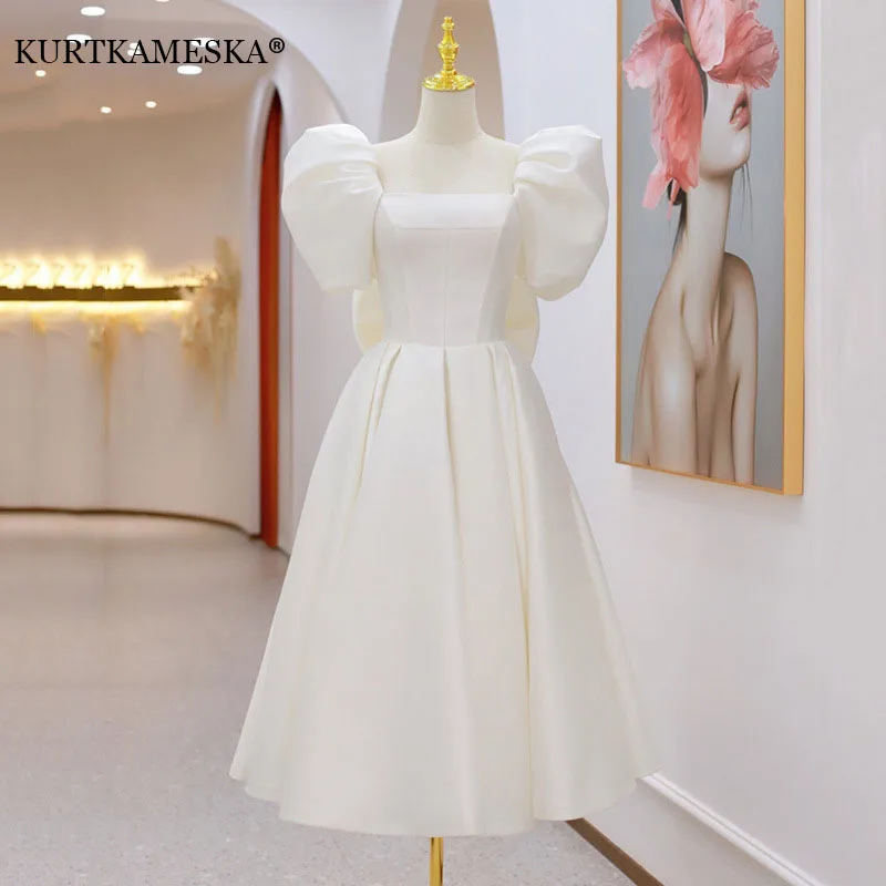

Elegant Prom Evening Guest White Midi Dresses For Women 2023 Summer Sexy Puff Sleeve Long Party vestido madrinha de casamento