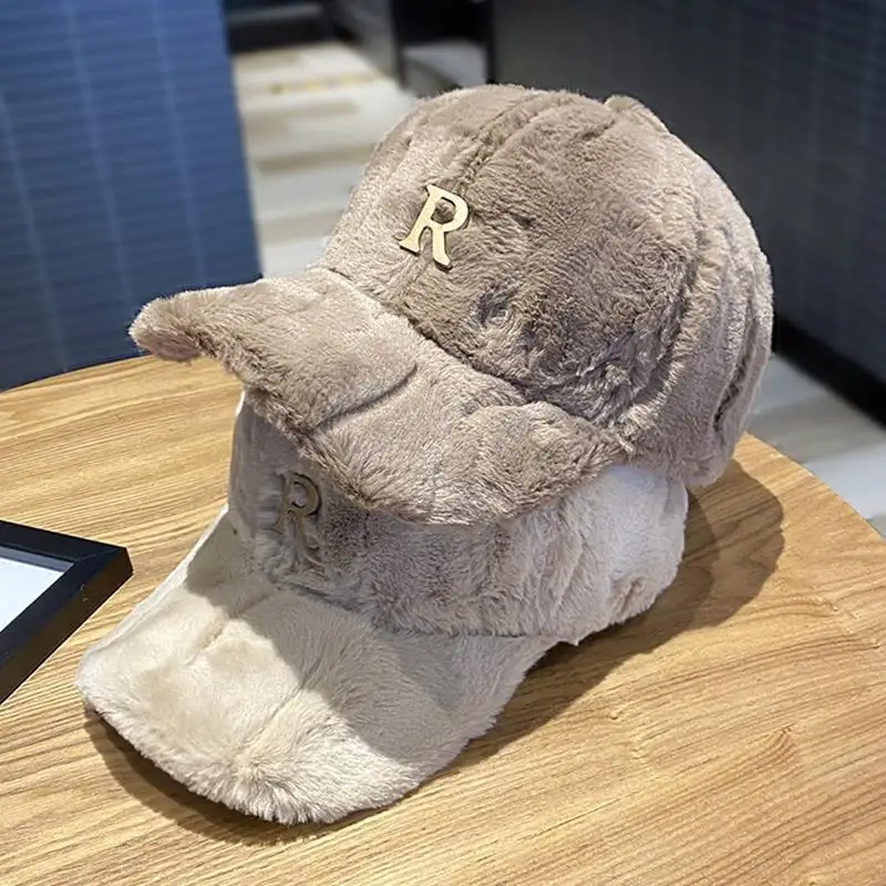 Warm Baseball Hat Couple Street Duckbill Hat Autumn And Winter Rabbit Fur Velvet R Letter Label Thick Warm Hat
