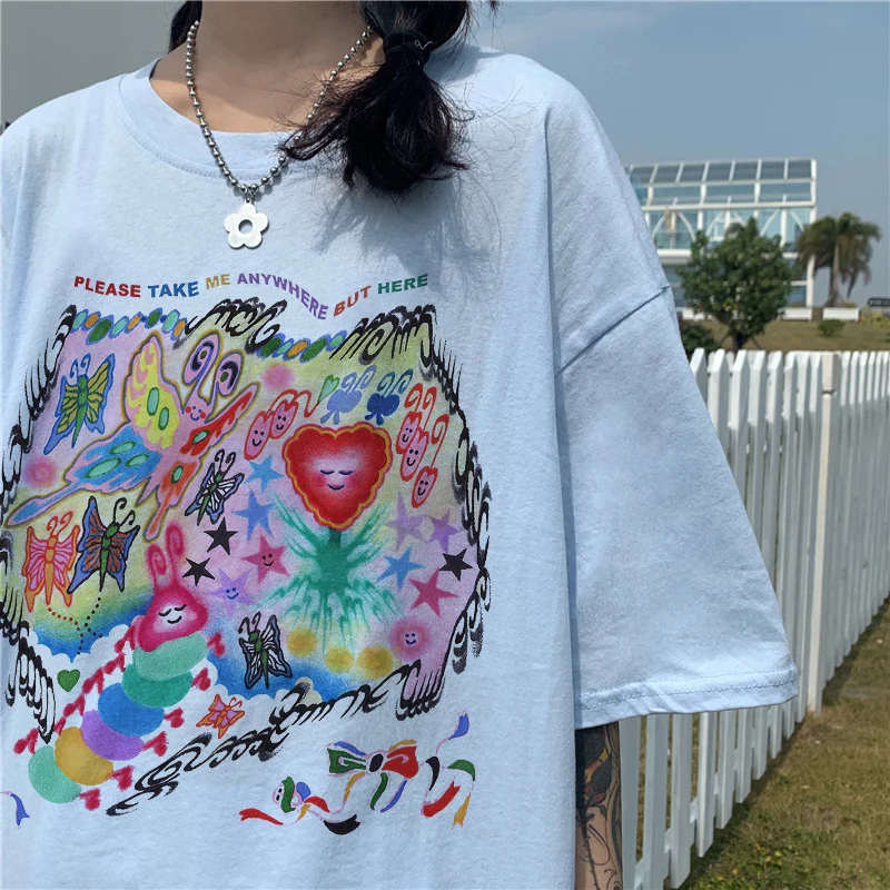 

Милая мультяшная Милая футболка для девочек женские уличные Топы Harajuku Kawaii Повседневная Свободная футболка с коротким рукавом 2023 летняя оверсайз футболка