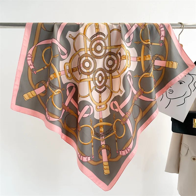 Retro Chain 90cm Printed Large Square Scarf Spring And Autumn Scarf Twill Silk Headscarf All-Match Sunscreen Shawl Female 5