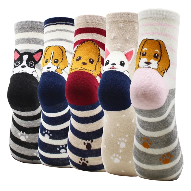 4-5 Pairs Newest Colorful Harajuku Korean Kawaii Cute Women Socks Cartoon Cat Dog Owl Stripe Avocado Girl Cotton Socks 5 pairs-AYT024