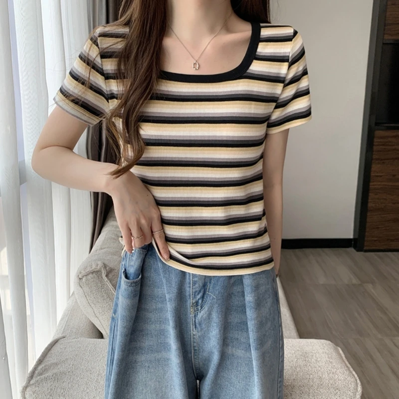 

Womens Striped T-shirt Summer Casual T-shirt Fashion Square Neck Top Short Sleeves Loose Shirts Streetwear