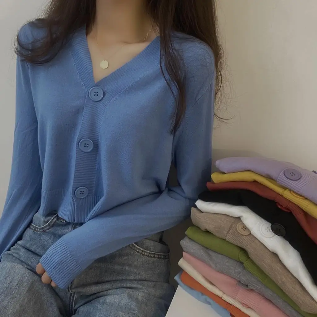 여성용 버튼 V넥 크롭 가디건 스웨터, 한국 단색 긴팔 짧은 니트 상의, 화이트 블랙 그린 블루, 2023 가을 겨울