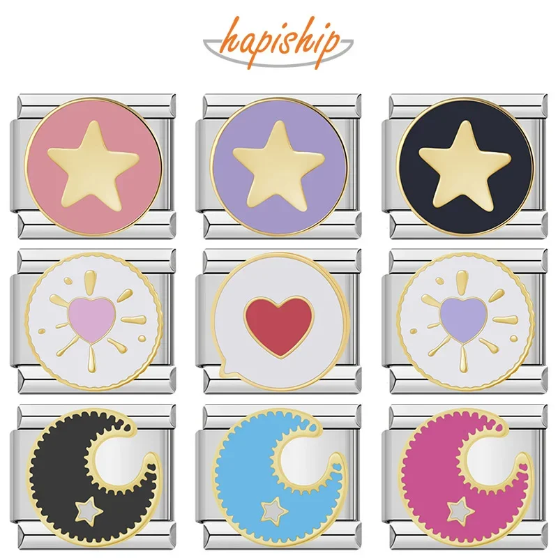 Hapiship 2024 moda nueva acero inoxidable redondo estrella Luna sol encanto enlaces italianos ajuste 9mm pulsera DIY hacer joyería DJ1139-A