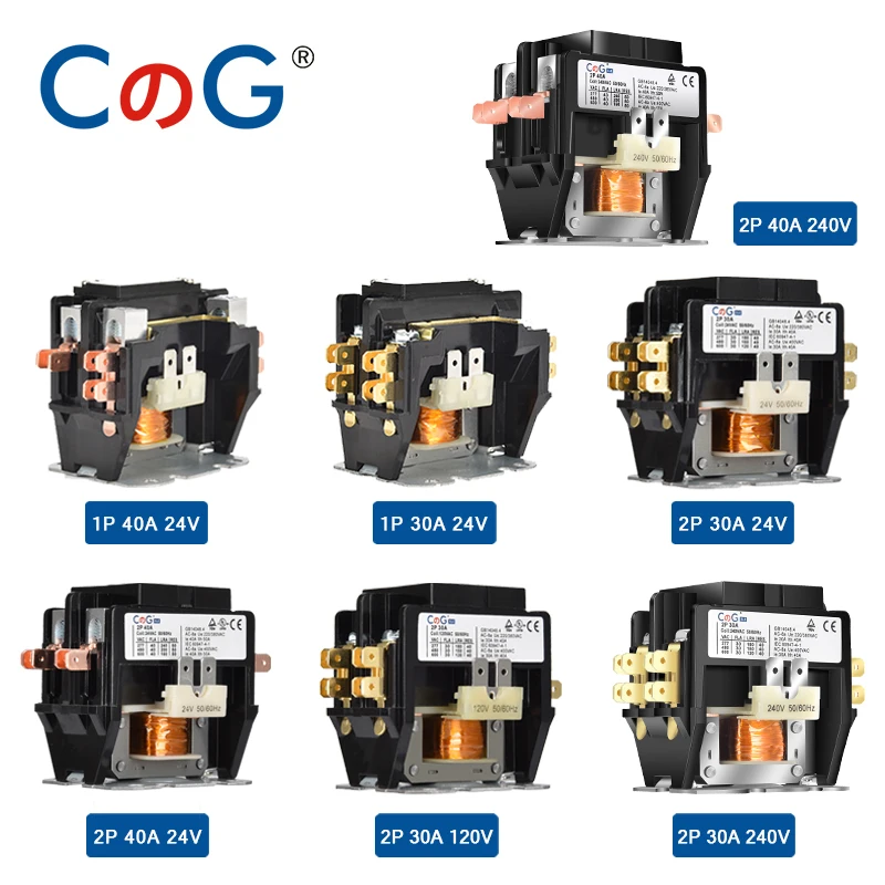 CG 1P 2P Air Conditioner Contactor Normally Open 24V 120V 240V Coil AC Definite Purpose Contactor for HVAC Motor Lighting