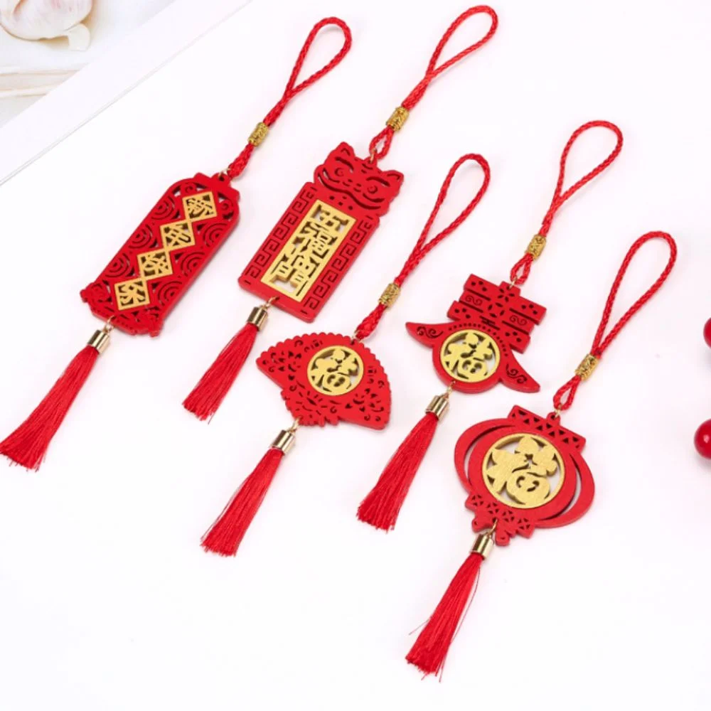 Wood Spring Festival Bonsai Pendant Blessing Word Red Lunar New Year Hanging Ornament Hollow Laser Engraved Car Pendant Gift