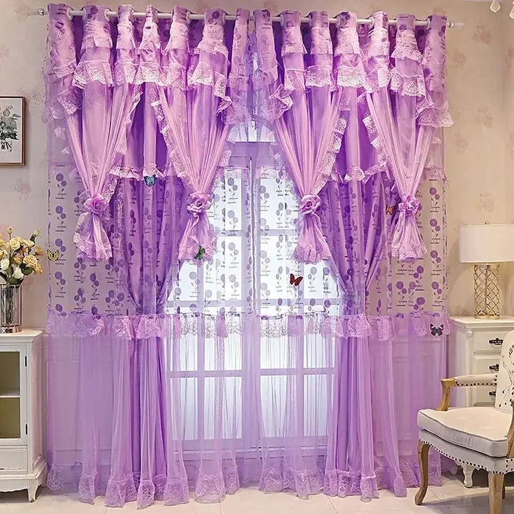 1 Panel 140cm Width Double Layer Curtain for Girls Bedroom Princess Style Jacquard Girls Curtains with Valances 3