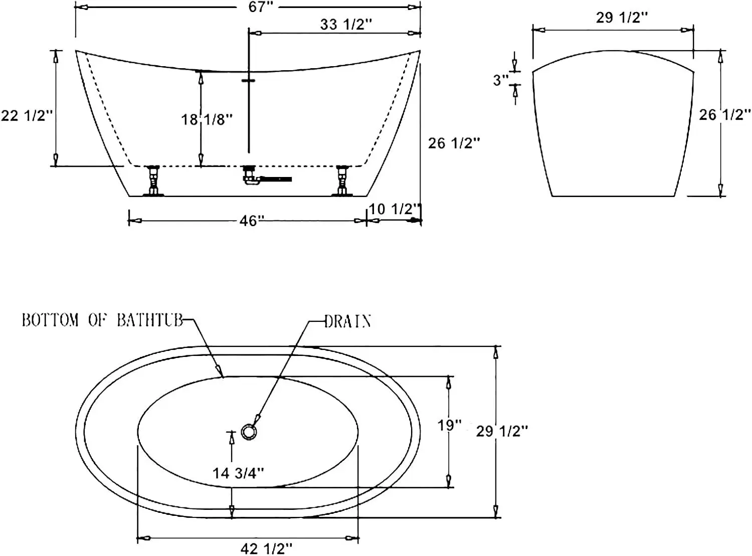 67 Inch Acrylic Freestanding Bathtub Contemporary Soaking Tub with Brushed Nickel Overflow and Drain Glossy White