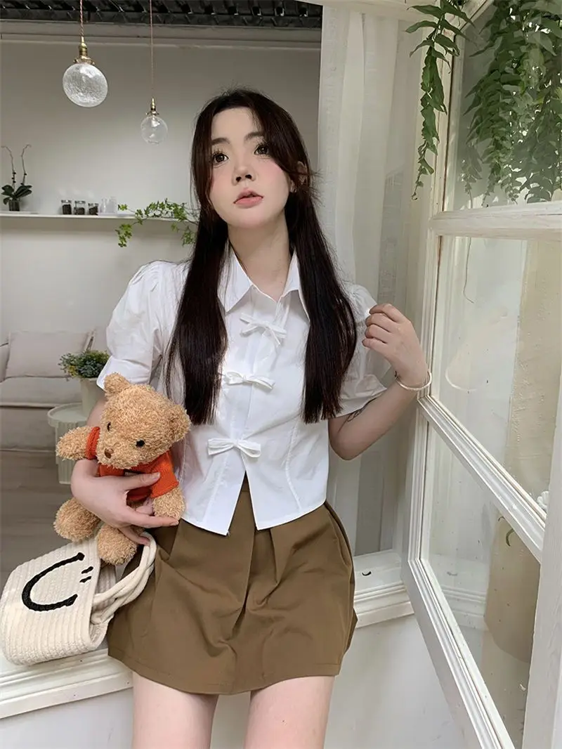 Shirts Puff Sleeveasual Women Bow Tie Sweet Summer Solid Korean Style Crop Tops Fashion Ins Preppy Girl Mujer