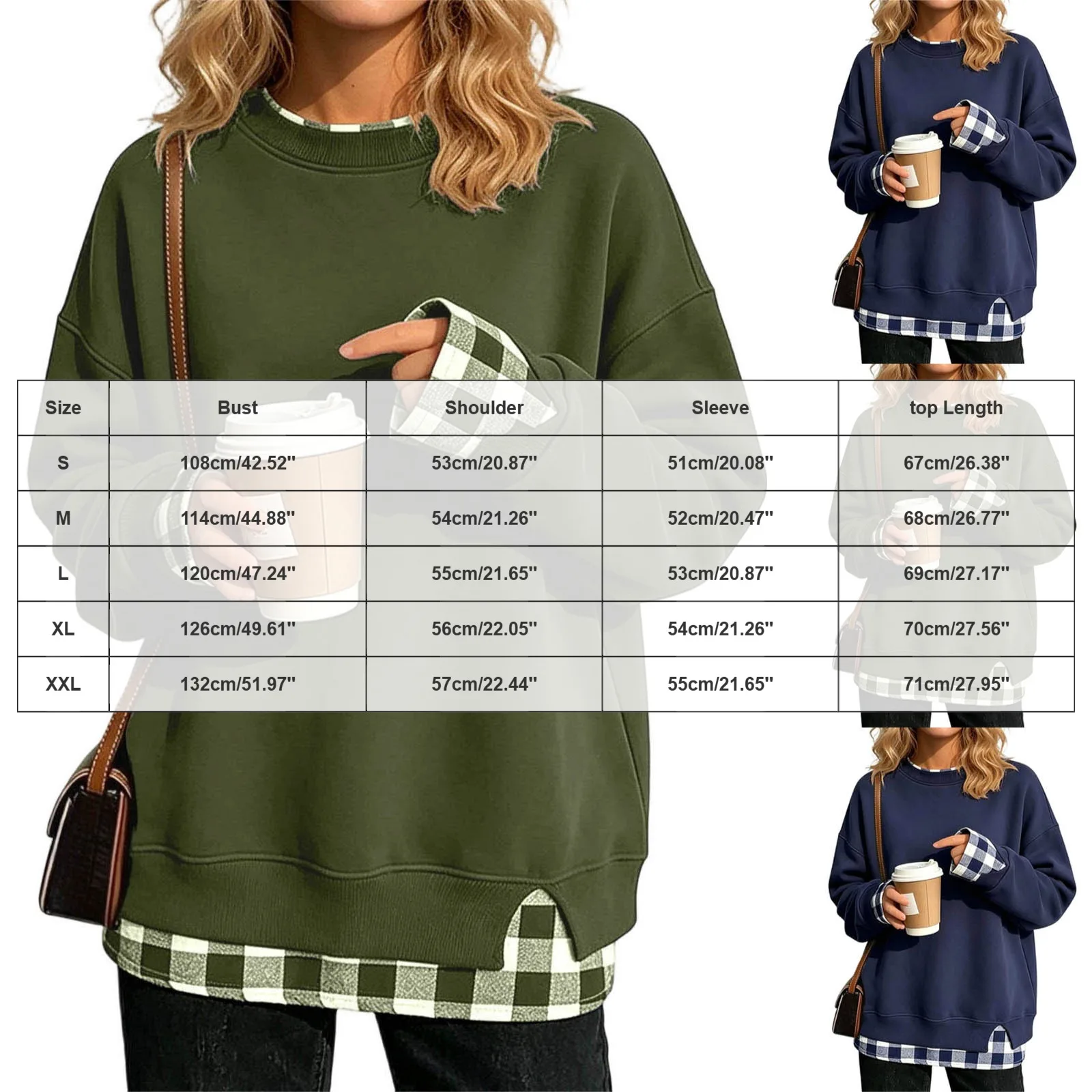 Women's Fake Two-Piece Oversize Sweatshirts With Plaid Hem Side Slit Long Sleeve Pullover Loose Fit Round Neck Sweatshirts Tops