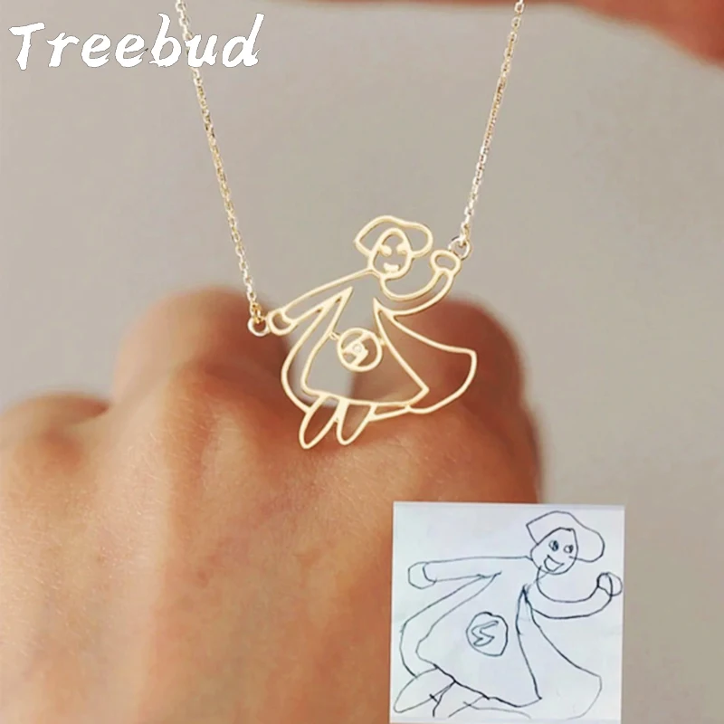Treebud Custom Children\'s Drawing Necklace Stainless Steel for Women Men Stainless Steel Unique Logol Artwork Pendant Jewelry
