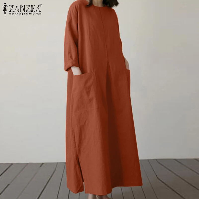 ZANZEA Spring Summer Loose Long Dress for Woman Cotton Linen O-Neck Long Sleeve Side Slit Solid Color Dresses Baggy Robes Femme 3