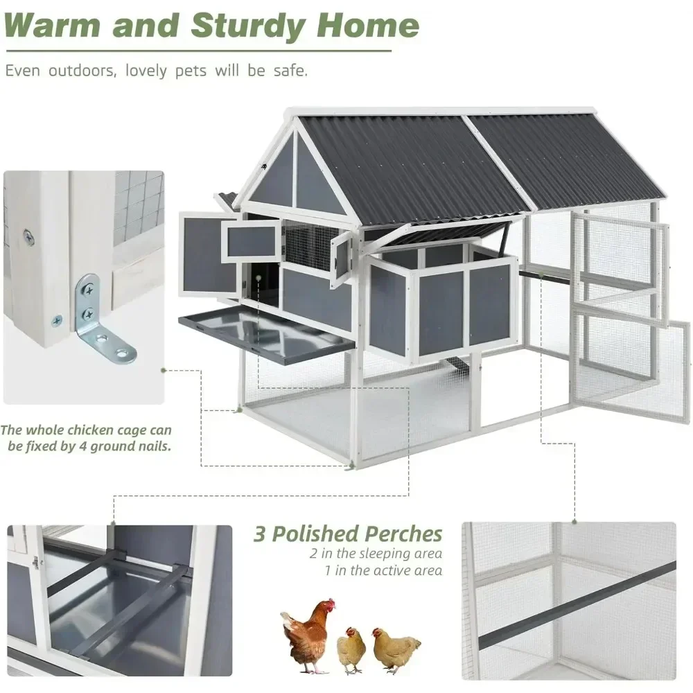 84” Large Chicken Coop, Outdoor Wooden Hen House Poultry Cage for 8-10 Chickens Walk in Chicken House with Run 5