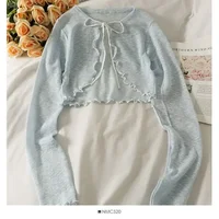 Women Frenum Cardigan Blouses and Tops Bow Lace Up Long Sleeve Crop Top Female Elegant Shirt Thin Aesthetic Clothes Korean Style - Image 5